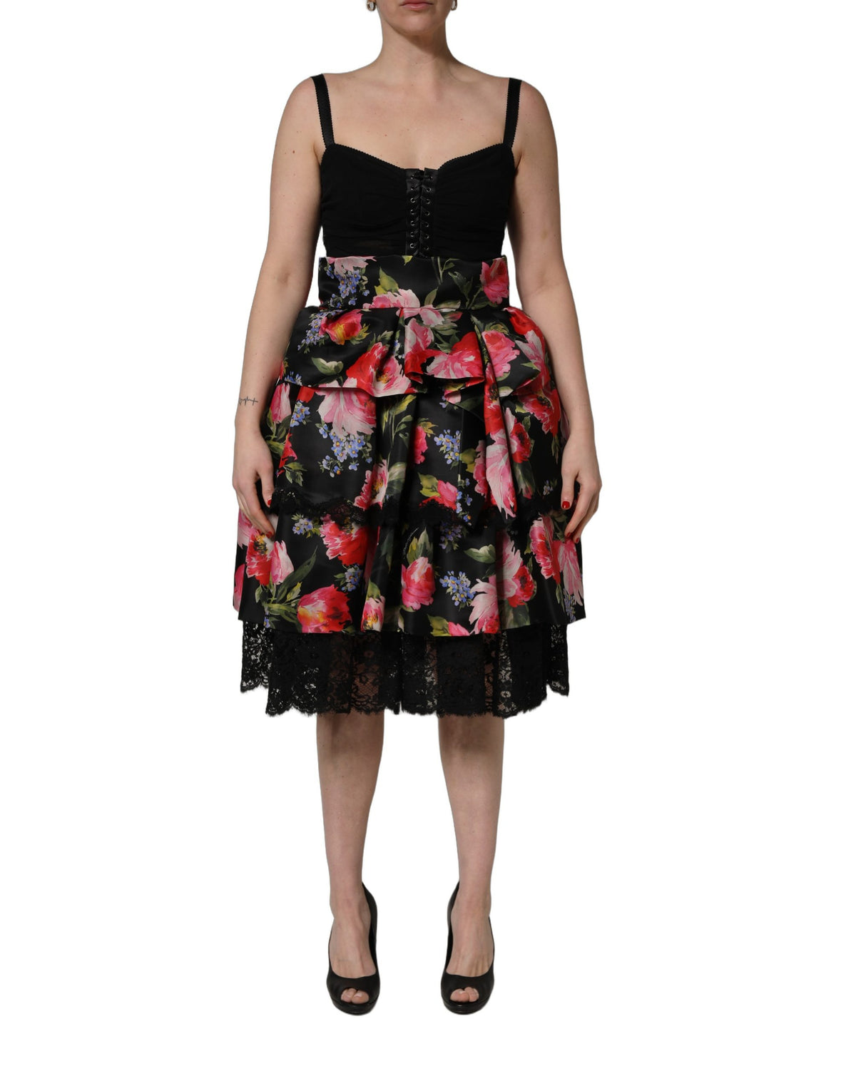 Dolce & Gabbana Aria Women's Wrap Corset Bustier Cocktail Sleeveless Stretch Cotton Nylon & Silk Mini Dress - Black Rose Patterned Floral Print