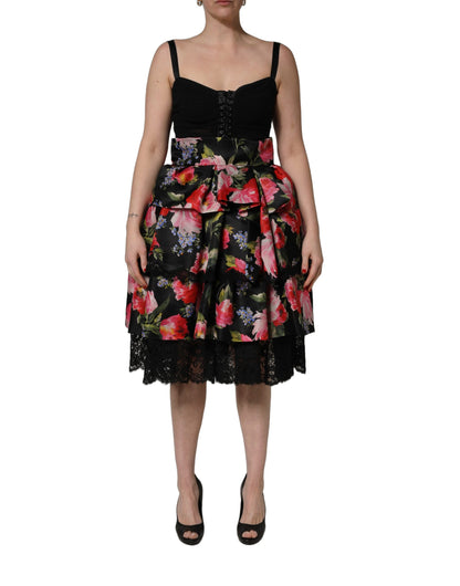 Dolce & Gabbana Aria Women's Wrap Corset Bustier Cocktail Sleeveless Stretch Cotton Nylon & Silk Mini Dress - Black Rose Patterned Floral Print
