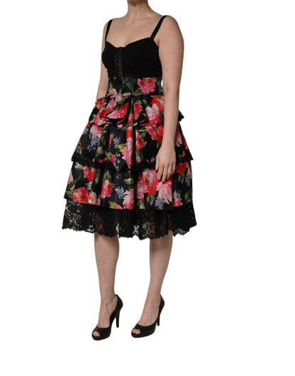 Dolce & Gabbana Aria Women's Wrap Corset Bustier Cocktail Sleeveless Stretch Cotton Nylon & Silk Mini Dress - Black Rose Patterned Floral Print