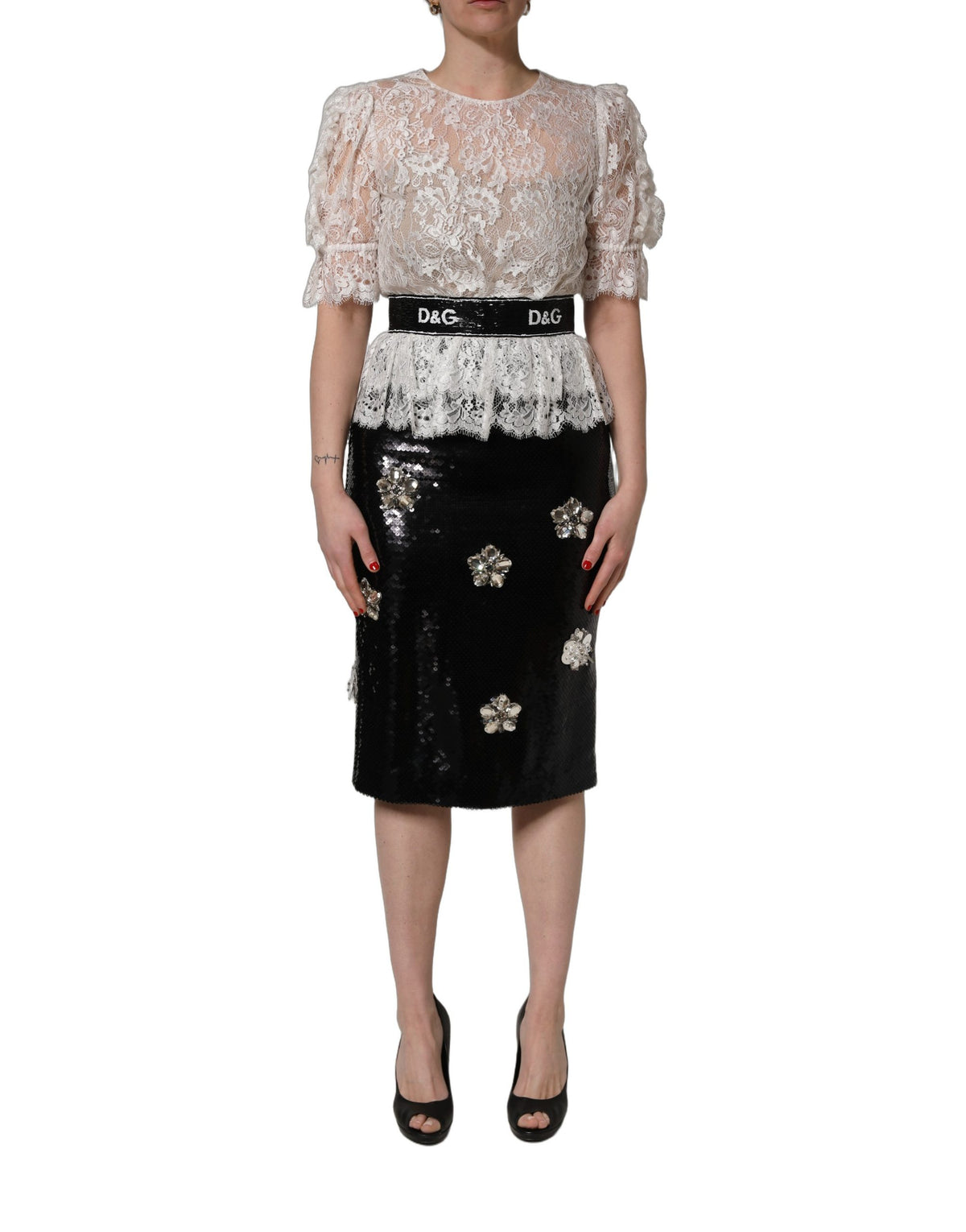 Dolce & Gabbana Women's Sheath Wrap Short-Sleeve Silk Viscose Nylon & Lace Short Mini Dress - Black White
