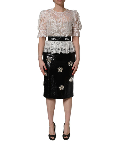 Dolce & Gabbana Women's Sheath Wrap Short-Sleeve Silk Viscose Nylon & Lace Short Mini Dress - Black White