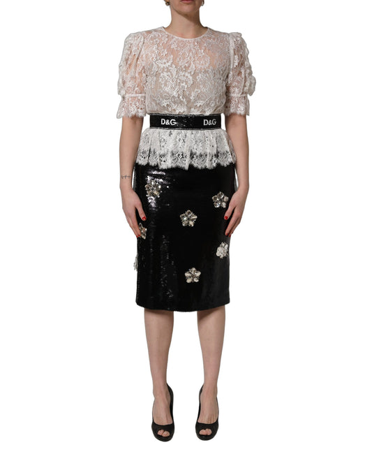 Dolce & Gabbana Women's Sheath Wrap Short-Sleeve Silk Viscose Nylon & Lace Short Mini Dress - Black White