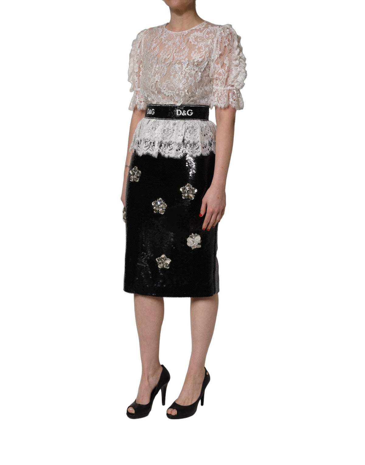 Dolce & Gabbana Women's Sheath Wrap Short-Sleeve Silk Viscose Nylon & Lace Short Mini Dress - Black White