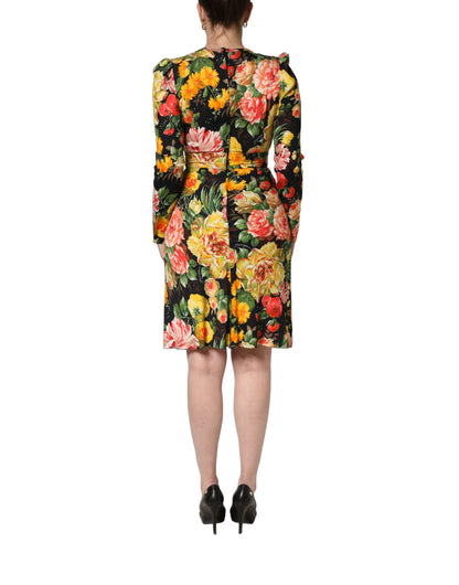 Dolce & Gabbana Women's Wrap Cocktail Long-Sleeve Viscose Midi Mini Dress - Black Multicolor Patterned Floral Print