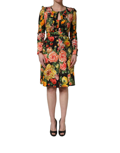 Dolce & Gabbana Women's Wrap Cocktail Long-Sleeve Viscose Midi Mini Dress - Black Multicolor Patterned Floral Print