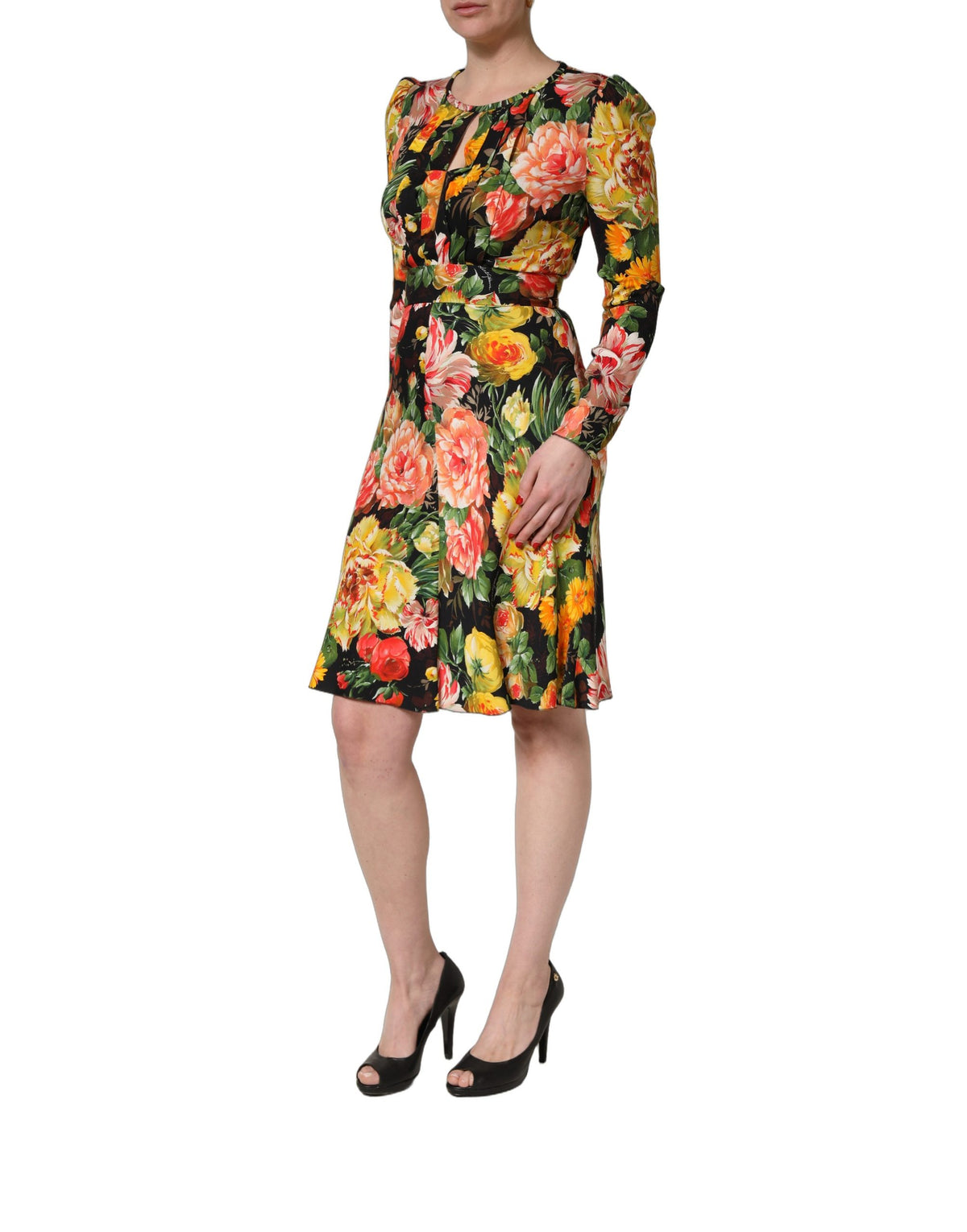 Dolce & Gabbana Women's Wrap Cocktail Long-Sleeve Viscose Midi Mini Dress - Black Multicolor Patterned Floral Print