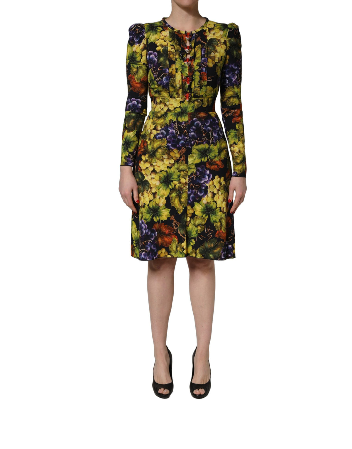Dolce & Gabbana Women's Cocktail Long-Sleeve Stretch Viscose Midi Dress - Black Multicolor Patterned Print