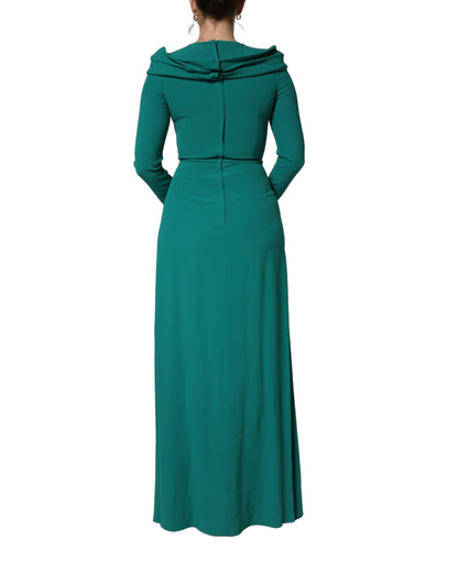 Dolce & Gabbana Women's Gown Wrap Cocktail Long-Sleeve Round Neck Silk Viscose & Acetate Mini Long Dress - Green Red Signature