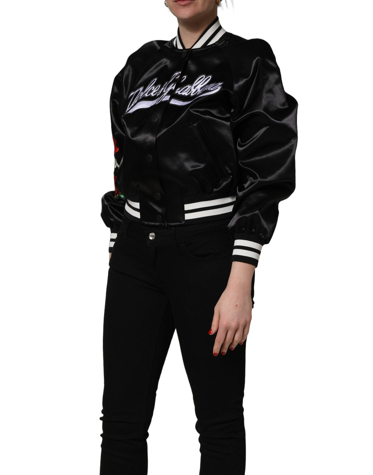 Dolce & Gabbana Women's Blouson Cotton Nylon Polyester & Satin Bomber Jacket - Black Floral