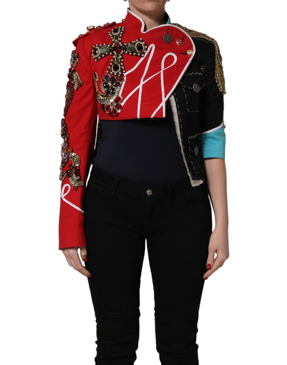 Dolce & Gabbana Women's Crop Top Stretch Polyester Cotton Overcoat - Black Multicolor Red Signature