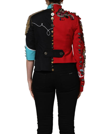 Dolce & Gabbana Women's Crop Top Stretch Polyester Cotton Overcoat - Black Multicolor Red Signature