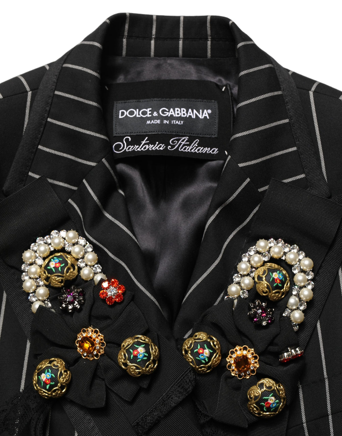 Dolce & Gabbana Women's Double Breasted Polyester Silk & Virgin Wool Blazer - Black Pinstripe Floral Striped