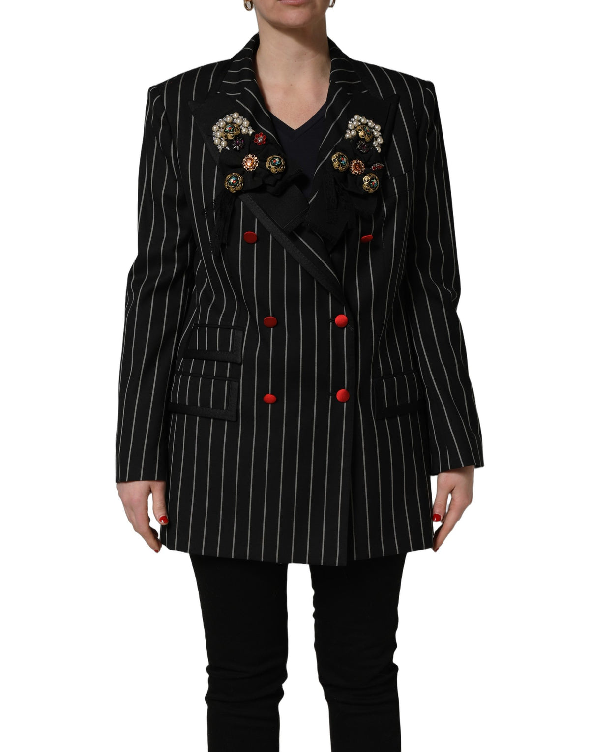 Dolce & Gabbana Women's Double Breasted Polyester Silk & Virgin Wool Blazer - Black Pinstripe Floral Striped