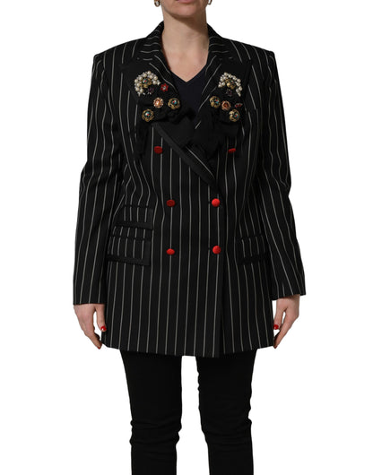 Dolce & Gabbana Women's Double Breasted Polyester Silk & Virgin Wool Blazer - Black Pinstripe Floral Striped