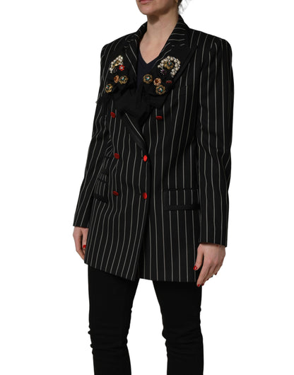 Dolce & Gabbana Women's Double Breasted Polyester Silk & Virgin Wool Blazer - Black Pinstripe Floral Striped