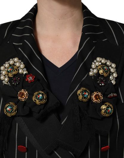 Dolce & Gabbana Women's Double Breasted Polyester Silk & Virgin Wool Blazer - Black Pinstripe Floral Striped