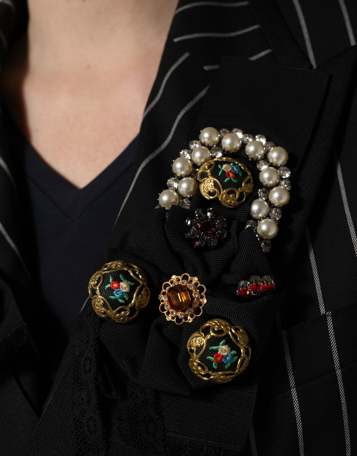 Dolce & Gabbana Women's Double Breasted Polyester Silk & Virgin Wool Blazer - Black Pinstripe Floral Striped