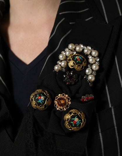 Dolce & Gabbana Women's Double Breasted Polyester Silk & Virgin Wool Blazer - Black Pinstripe Floral Striped