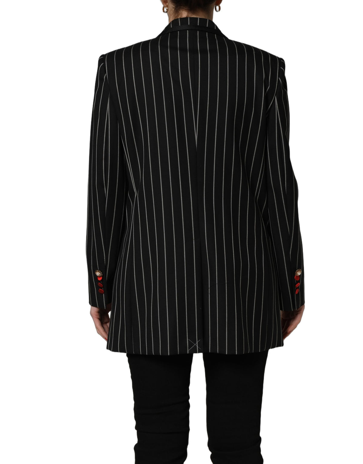 Dolce & Gabbana Women's Double Breasted Polyester Silk & Virgin Wool Blazer - Black Pinstripe Floral Striped
