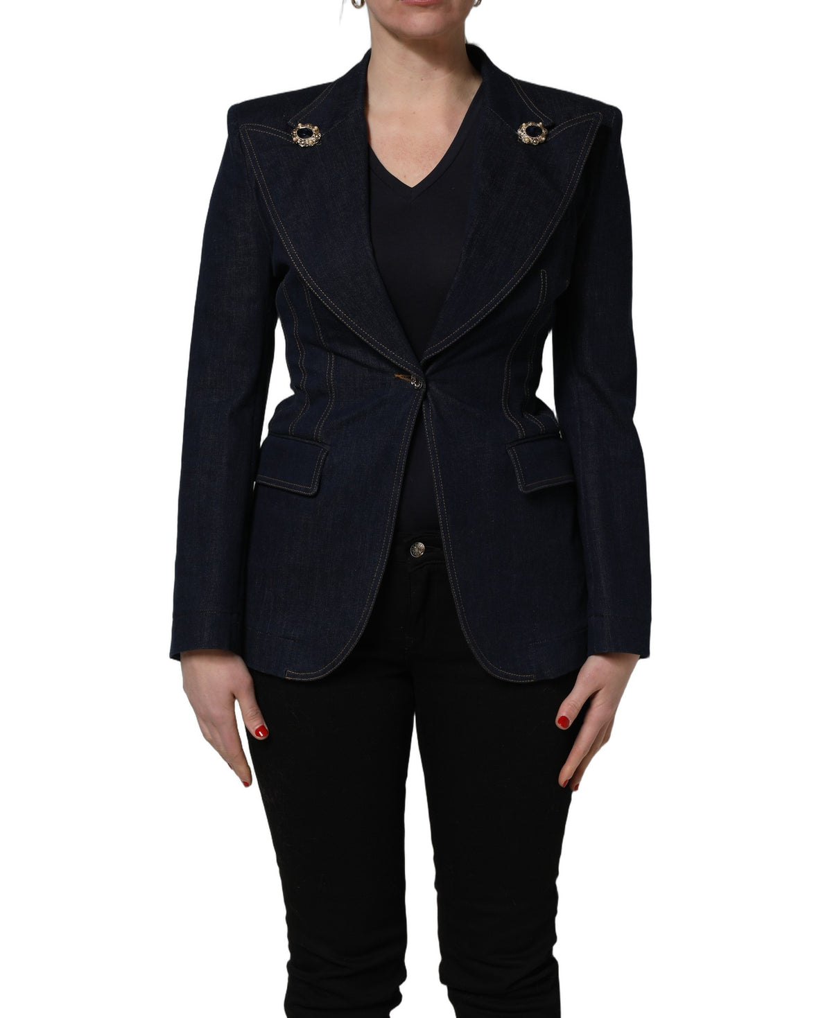 Dolce & Gabbana Women's Single Breasted Stretch Denim Cotton Polyester Blazer - Blue