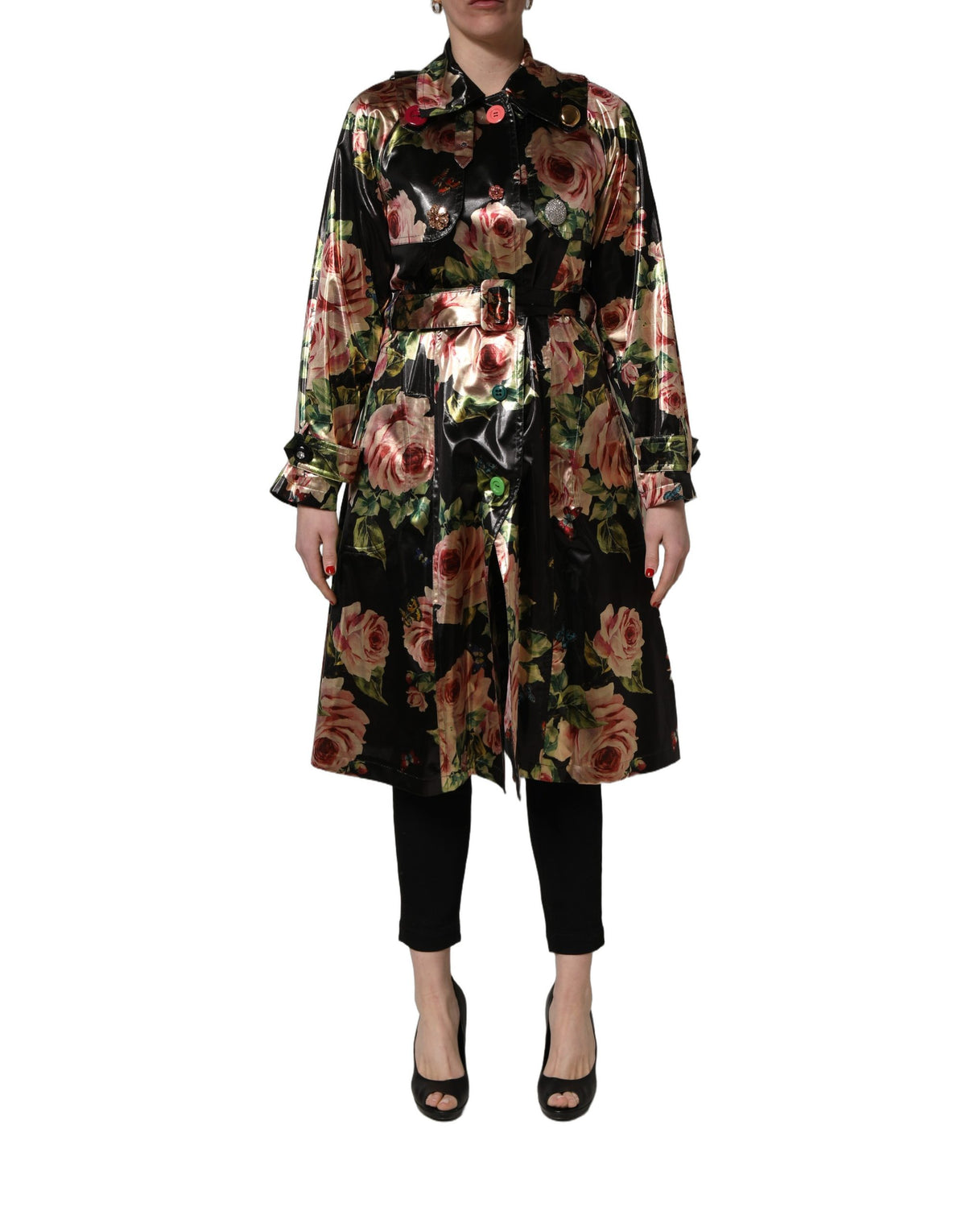 Dolce & Gabbana Women's Stretch Polyester Trench Coat - Black Patterned Floral