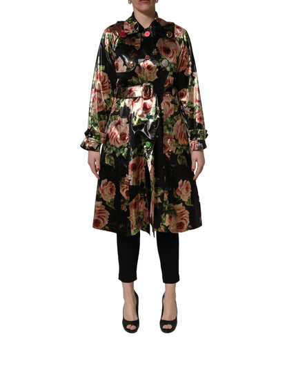 Dolce & Gabbana Women's Stretch Polyester Trench Coat - Black Patterned Floral