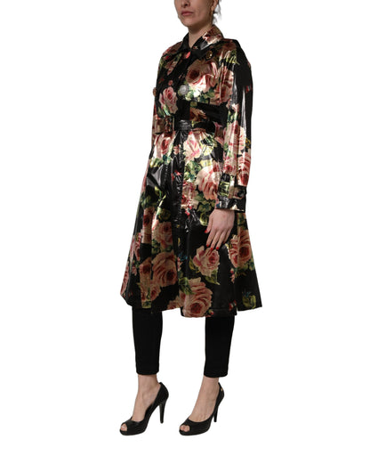 Dolce & Gabbana Women's Stretch Polyester Trench Coat - Black Patterned Floral
