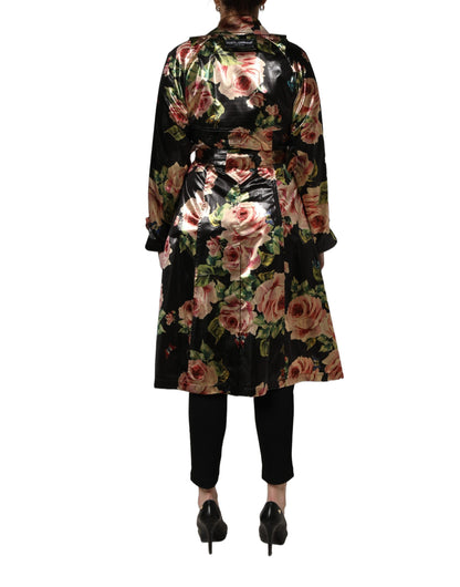 Dolce & Gabbana Women's Stretch Polyester Trench Coat - Black Patterned Floral