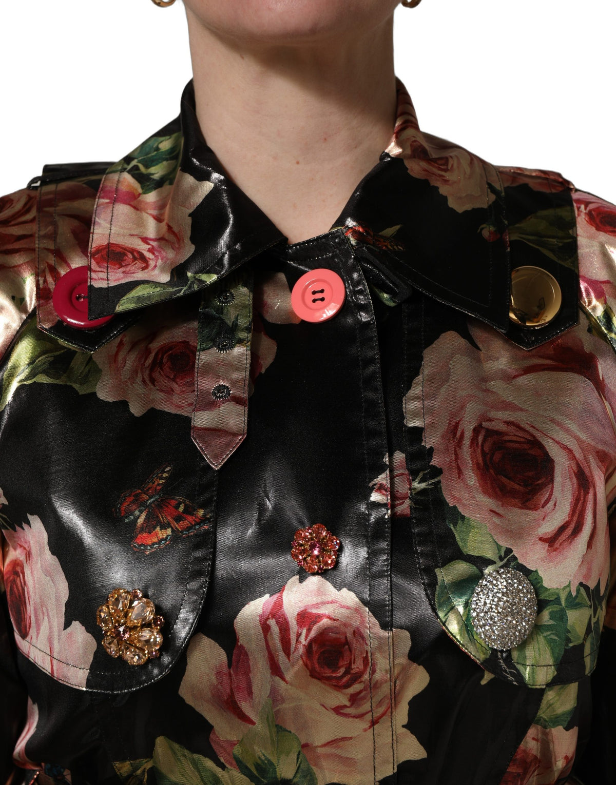 Dolce & Gabbana Women's Stretch Polyester Trench Coat - Black Patterned Floral
