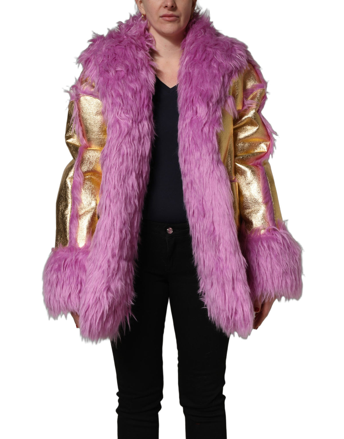 Dolce & Gabbana Women's Modacrylic Polyester Leather & Faux Fur Overcoat - Gold Pink