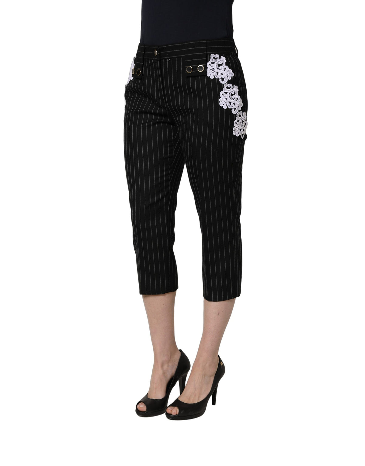 Dolce & Gabbana Women's Cropped Lace Polyester & Wool Trousers - Black White Pinstripe