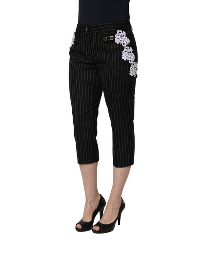 Dolce & Gabbana Women's Cropped Lace Polyester & Wool Trousers - Black White Pinstripe