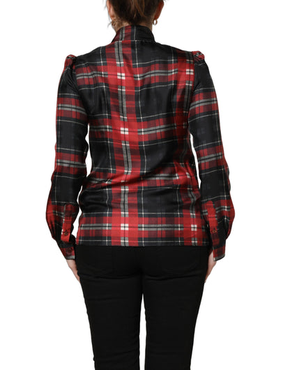 Dolce & Gabbana Women's Long-Sleeve Silk Blouse - Black Red Patterned Plaid