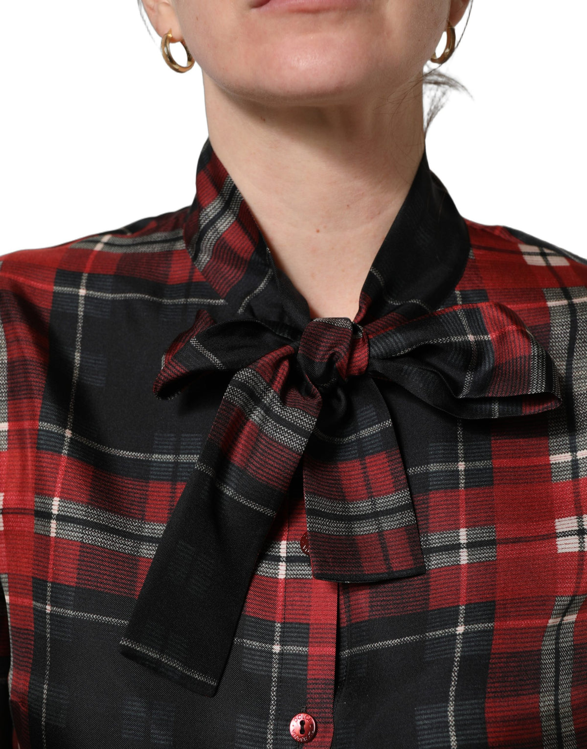 Dolce & Gabbana Women's Long-Sleeve Silk Blouse - Black Red Patterned Plaid