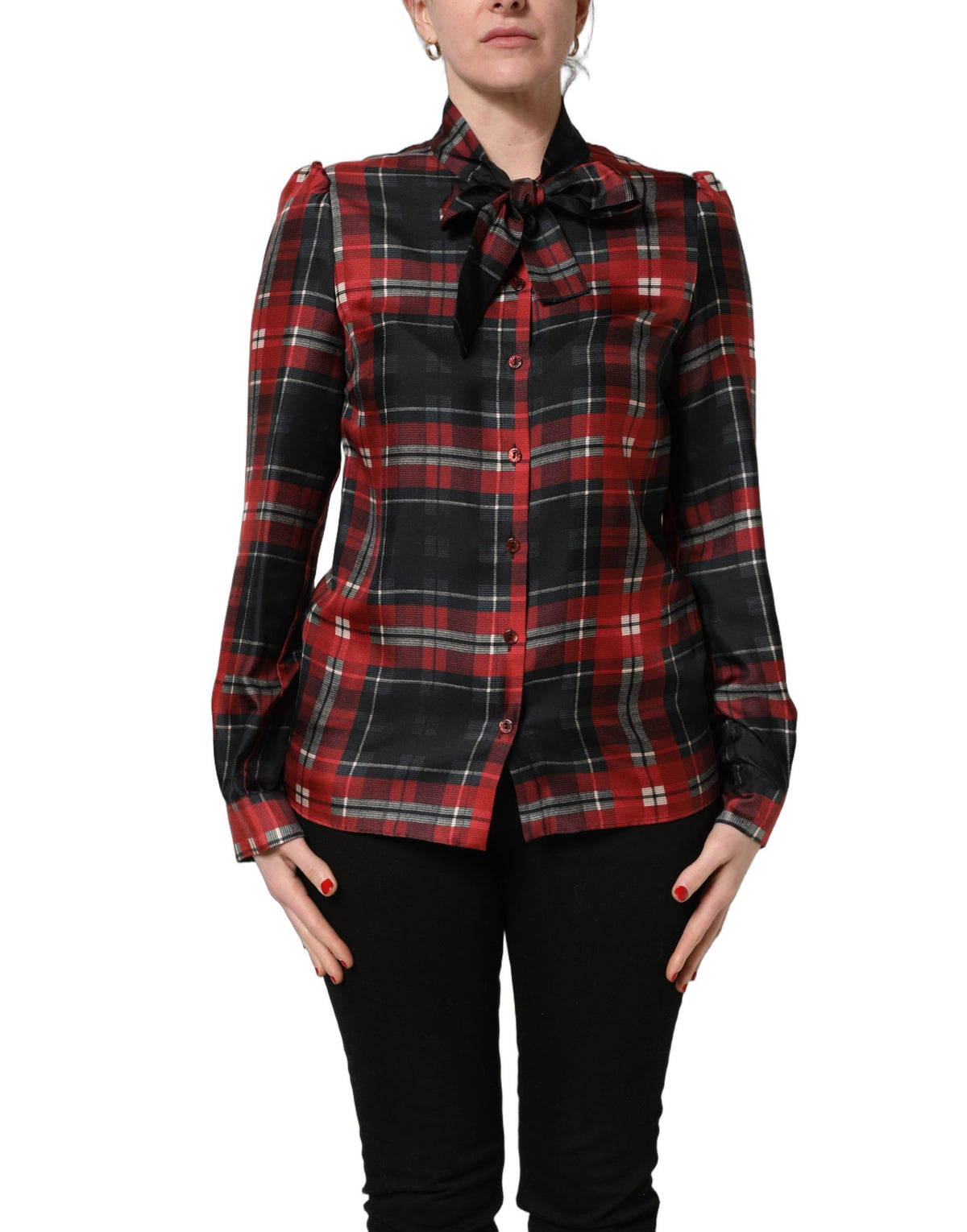 Dolce & Gabbana Women's Long-Sleeve Silk Blouse - Black Red Patterned Plaid