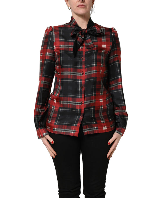 Dolce & Gabbana Women's Long-Sleeve Silk Blouse - Black Red Patterned Plaid