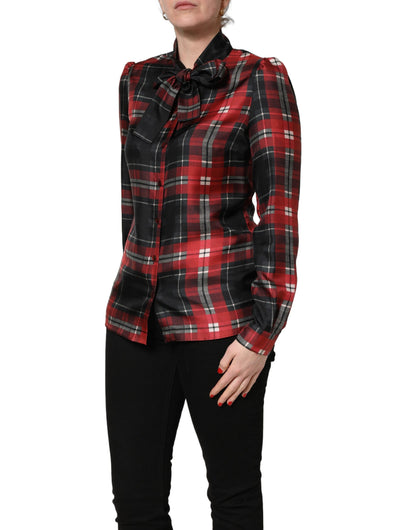 Dolce & Gabbana Women's Long-Sleeve Silk Blouse - Black Red Patterned Plaid