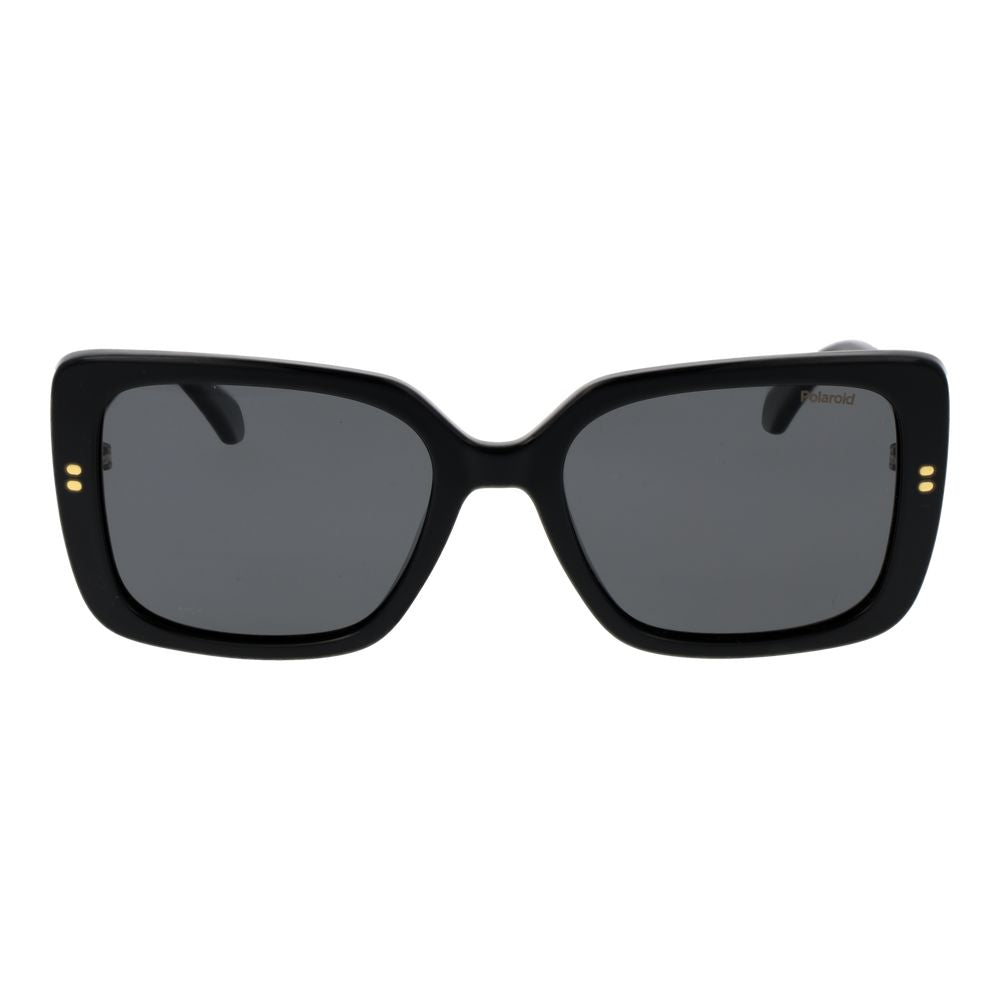 Sunglasses by Polaroid for women in polycarbonate black features a sumptuous silhouette, showcasing a sumptuous rectangle full-rim frame design in black coloured frame with high-performance polarized category-3-dark-tint lens.