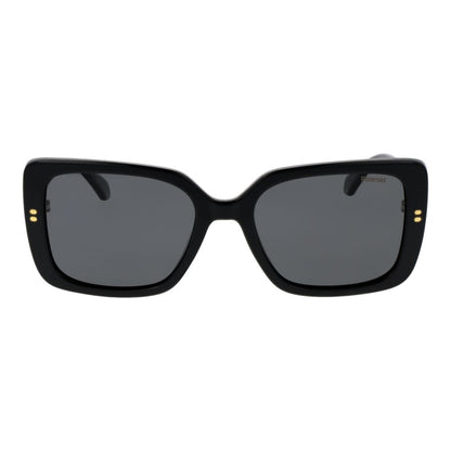 Sunglasses by Polaroid for women in polycarbonate black features a sumptuous silhouette, showcasing a sumptuous rectangle full-rim frame design in black coloured frame with high-performance polarized category-3-dark-tint lens.