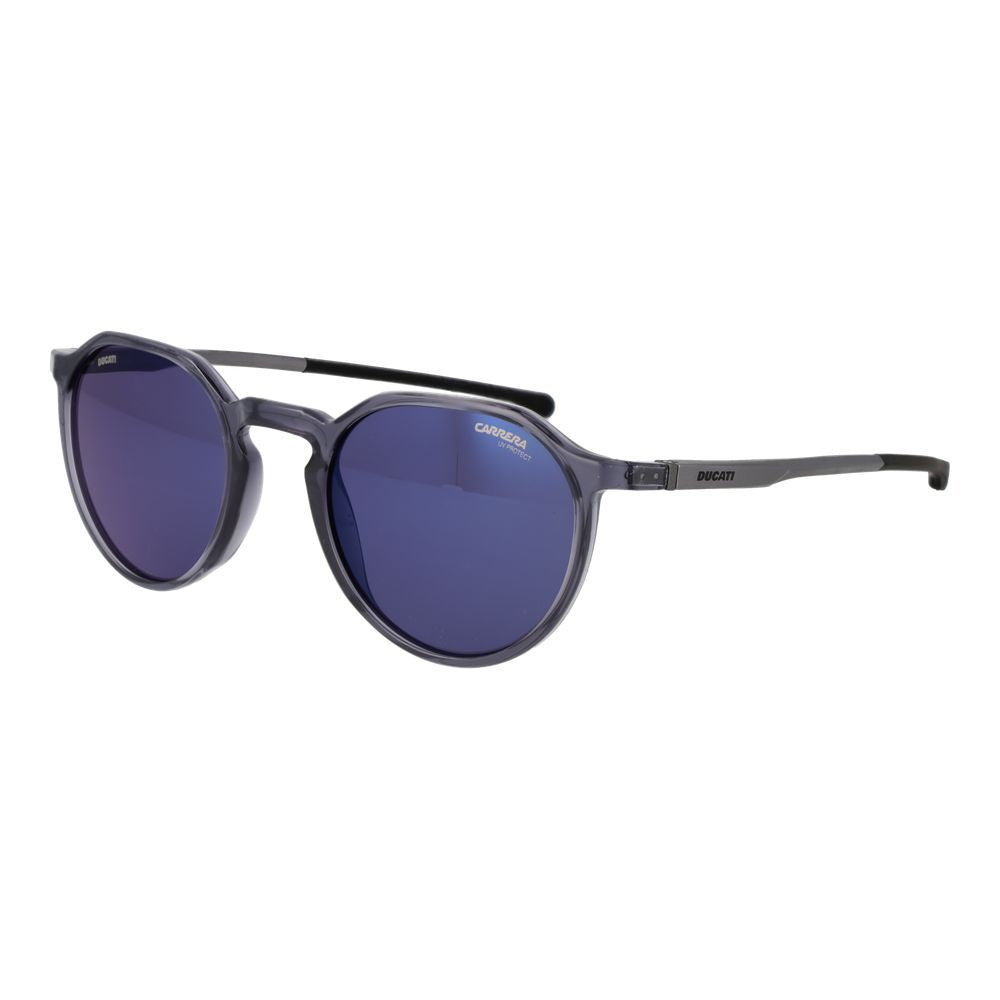 Sunglasses by Carrera Ducati for men in gray showcases a ethereal silhouette, featuring gray coloured frame full-rim round frame design with mirrored category-3-dark-tint lens for a ethereal finish.