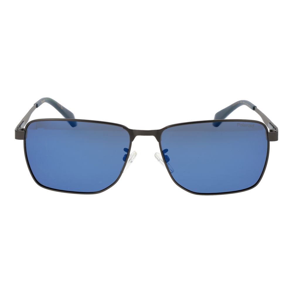 Sunglasses by Polaroid for men in metal and gray presents a sumptuous silhouette, featuring gunmetal coloured frame and rectangle full-rim frame design with polarized mirrored category-3-dark-tint lens for a sumptuous look.