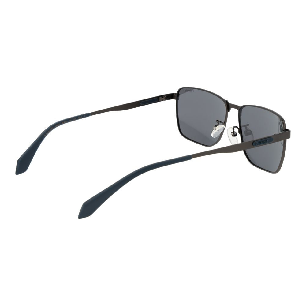 Sunglasses by Polaroid for men in metal and gray featuring an opulent rectangle full-rim frame design with a sophisticated gunmetal coloured frame finish and high-performance polarized mirrored category-3-dark-tint lens.