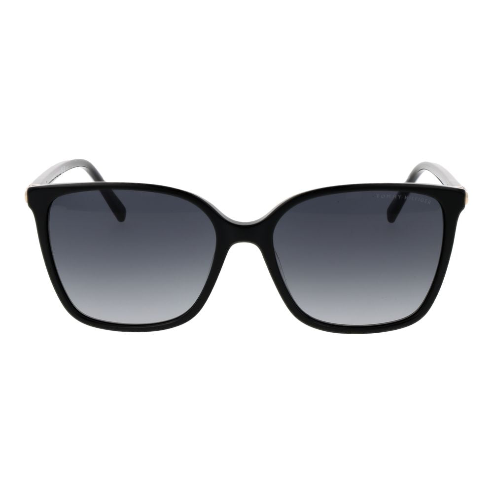 Sunglasses by Tommy Hilfiger for women in black features a sumptuous silhouette, showcasing a sumptuous full-rim square frame design in black coloured frame with high-performance gradient category-3-dark-tint lens.