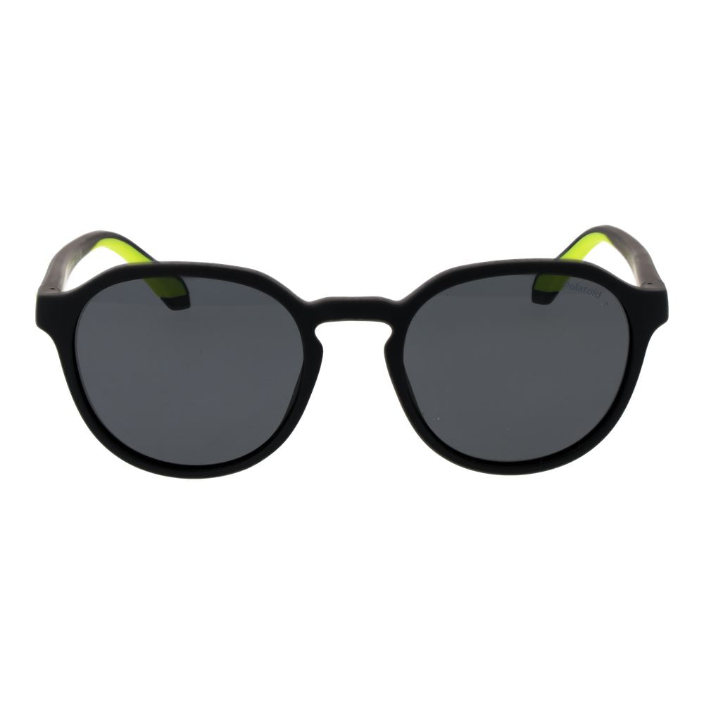 Sunglasses by Polaroid for men in black features an lustrous full-rim panto frame design with black coloured frame detailing and polarized category-3-dark-tint lens for a lustrous aesthetic.