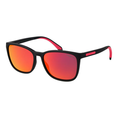 Sunglasses by Polaroid for women in polycarbonate and black featuring an opulent full-rim square frame design with a sophisticated black coloured frame finish and high-performance polarized mirrored category-3-dark-tint lens.