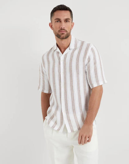 Brunello Cucinelli White Linen Pattern Shirt