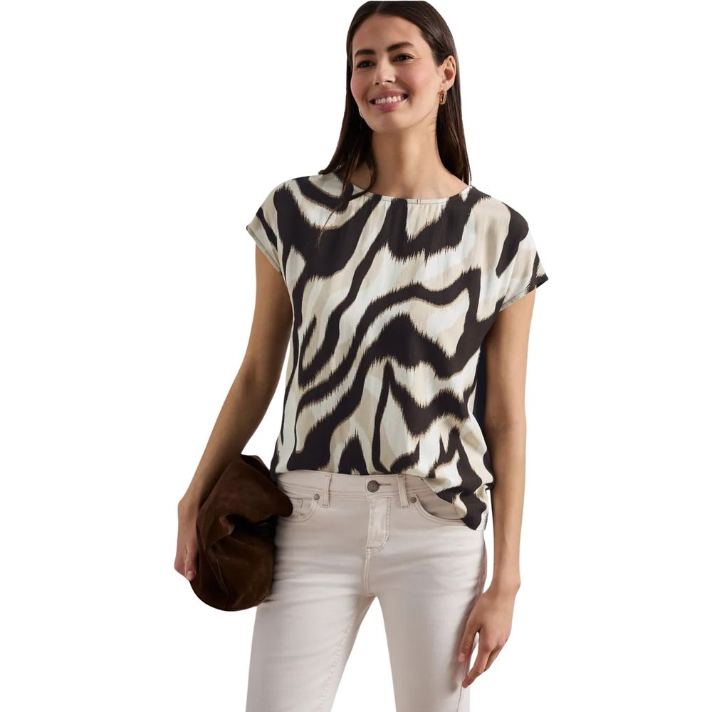 T-Shirt by Street One for women in viscose brown showcases a dramatic silhouette, elegantly detailed with a dramatic crew neckline and short-sleeve for a truly dramatic finish.