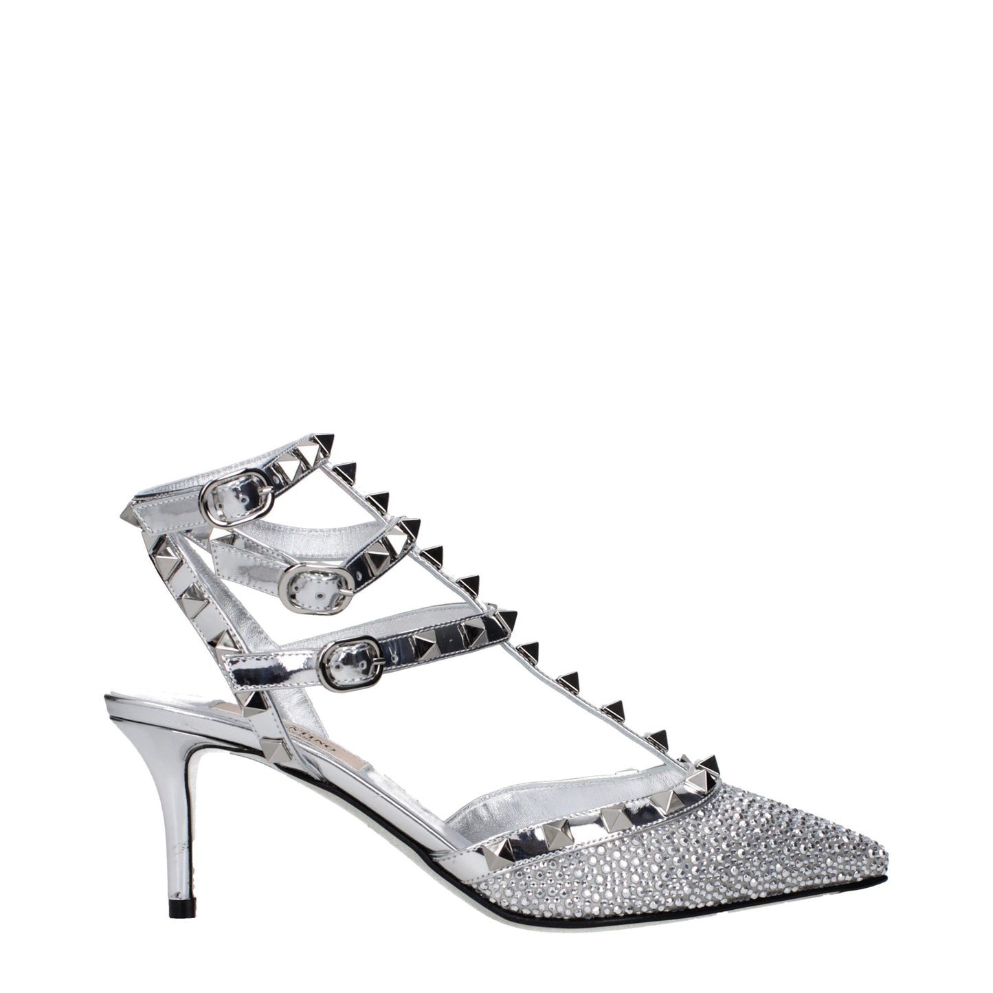 Stiletto Sandals by Valentino Garavani for women in patent leather gray & silver showcases a sculptural silhouette as Women's Patent Leather Stiletto Sandals, defined by a sculptural stiletto and sculptural for a sculptural look.