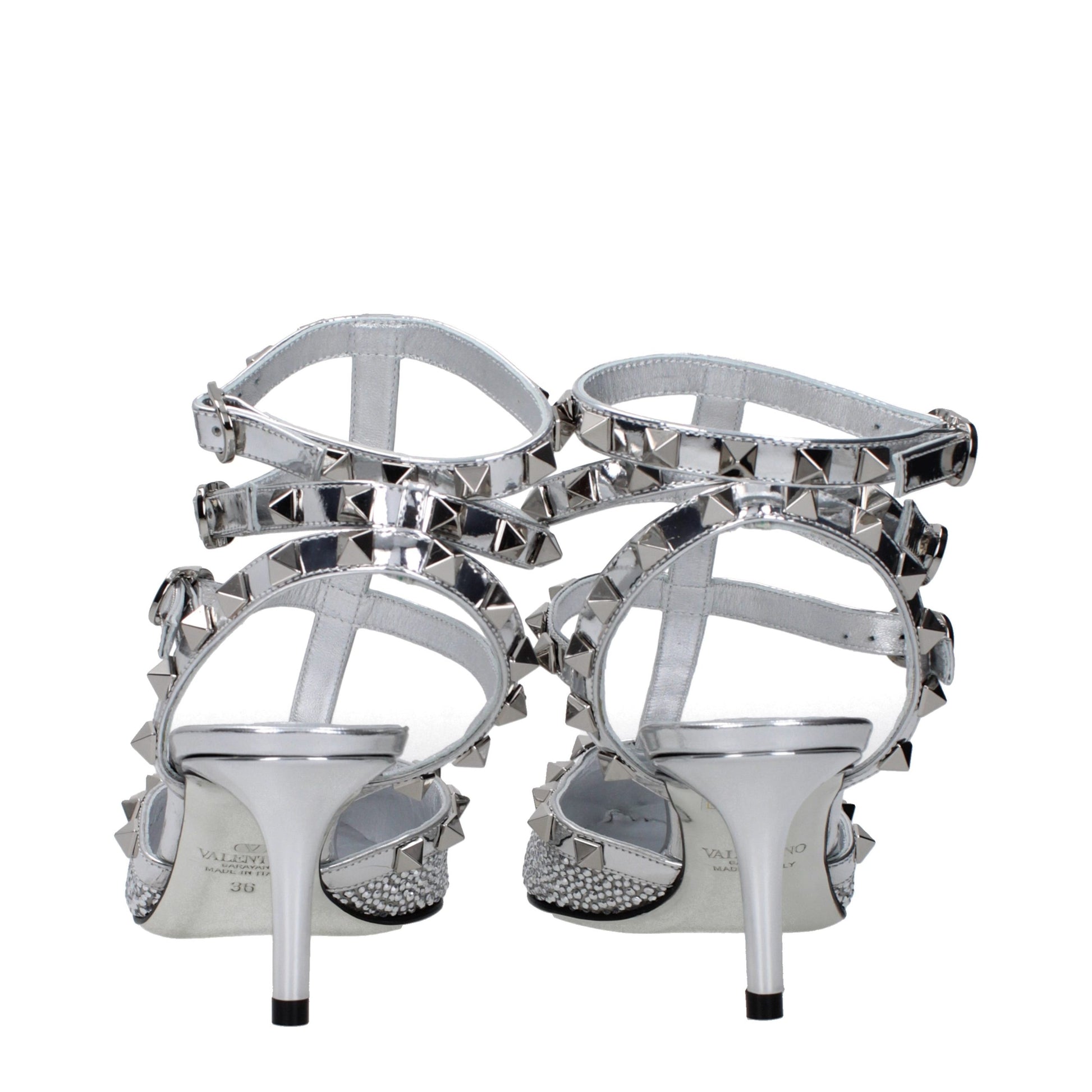 Stiletto Sandals by Valentino Garavani for women in patent leather gray & silver presents a sculptural silhouette, showcasing the Women's Patent Leather Stiletto Sandals design with a sculptural stiletto and for a premium look.