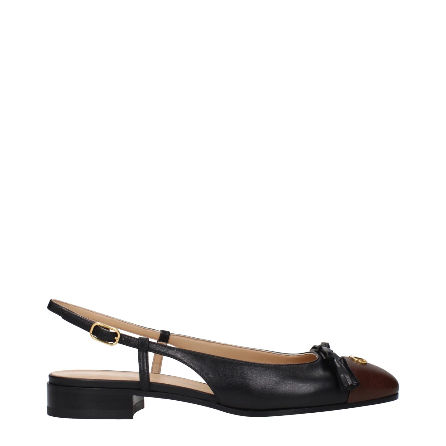 Ballet Flat Shoes by Valentino Garavani for women in leather black & gold showcases a dynamic silhouette, artfully capturing Women's Leather Ballet Flat Shoes through its distinctive and elegant round toe style.